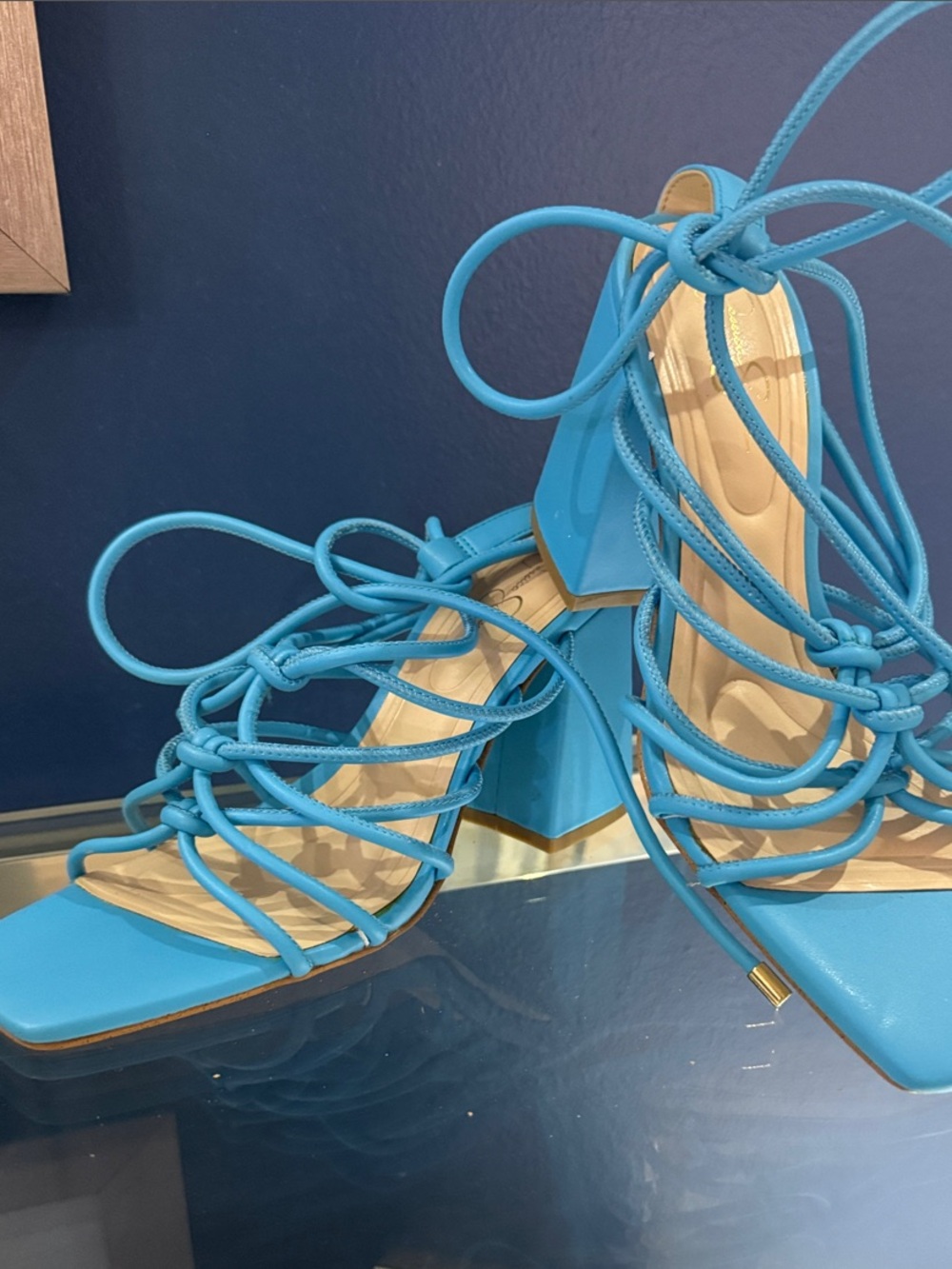 Jessica Simpson Bright Blue Strappy Lace-Up Block Heel Sandals